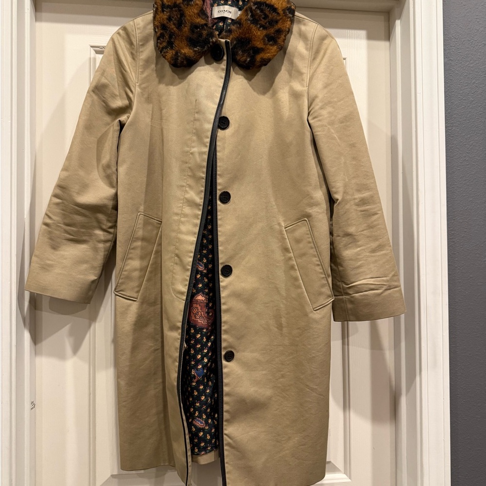 Coach Tan Trench Coat with Leopard Print Collar